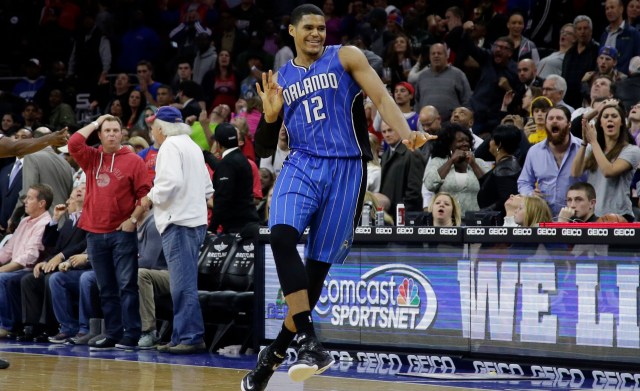 Orlando Magic's Tobias Harris reacts after making the game-winning two-point basket during the final second of an NBA basketball game against the Philadelphia 76ers, Wednesday, Nov. 5, 2014, in Philadelphia. Orlando won 91-89. (AP Photo/Matt Slocum)
