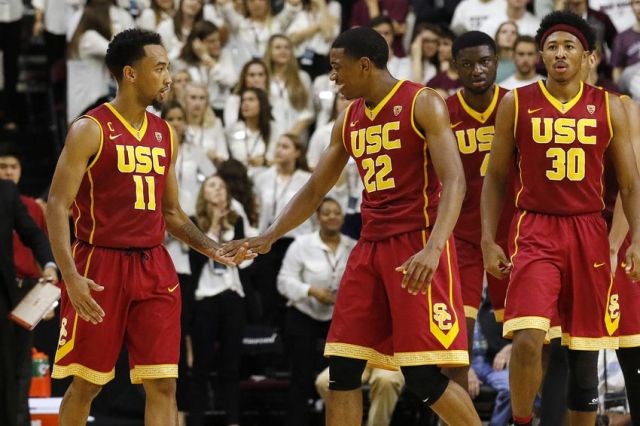 Nov 18, 2016; College Station, TX, USA; USC Trojans guard Jordan McLaughlin (11) and guard De'Anthony Melton (22) low five against the Texas A&M Aggies during the second half at Reed Arena. USC won 65-63. Mandatory Credit: Ray Carlin-USA TODAY Sports
