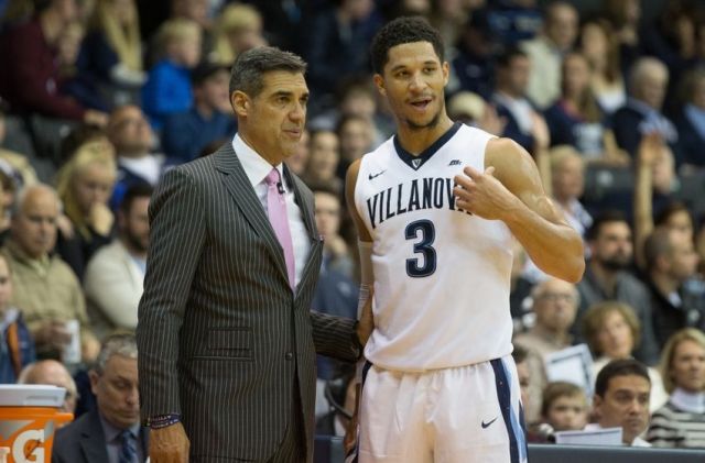 Nov 23, 2016; Villanova, PA, USA; Villanova Wildcats guard Josh Hart (3) talks with head coach Jay Wright during the second half against the Charleston Cougars at The Pavilion. The Villanova Wildcats won 63-47. Mandatory Credit: Bill Streicher-USA TODAY Sports